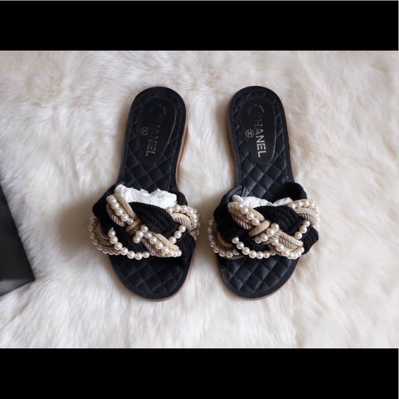 Chanel Black Cruise Pearl Cord CC Mules 38/7-7.5 - Picture 4 of 8